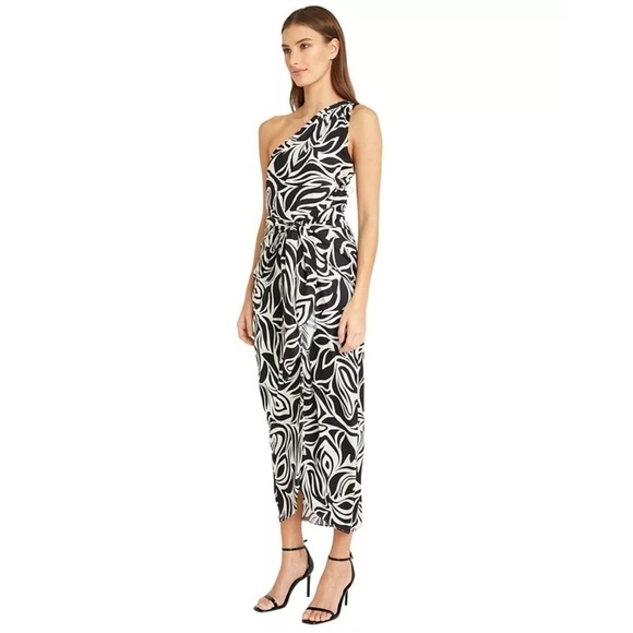 Donna Morgan Printed One Shoulder Tie Waist Dress with Draped Skirt Size 4 - Picture 11 of 16